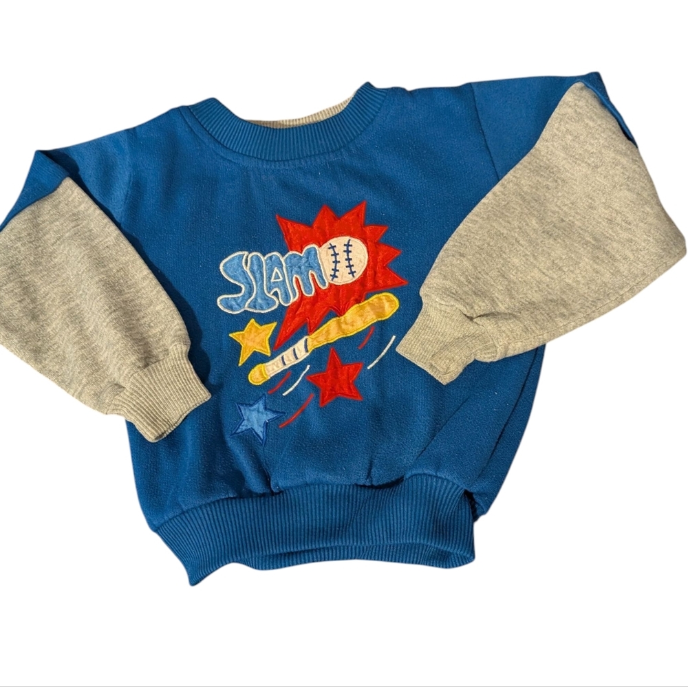 80s Vintage Blue Gray Color block Kids Sweatshirt With Embroidered‎ Baseball